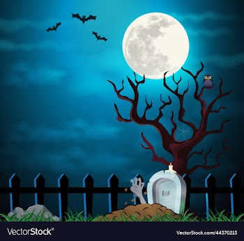 a scary grave scene with moon and flying bats