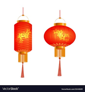 A set of orange chinese lanterns with cherry vector image