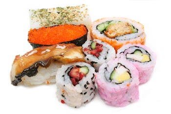 A set of variety sushi put together over white background.