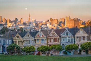 A setting moon above the famous Painted Ladies... adding even more beauty to this breathtaking San Francisco view.