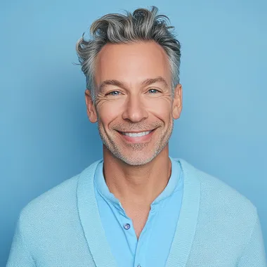 a smiling man with grey hair and a blue sweater