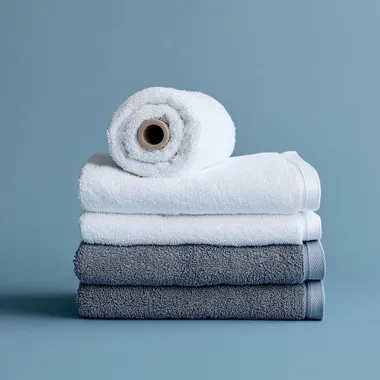 a stack of folded towels on a blue background