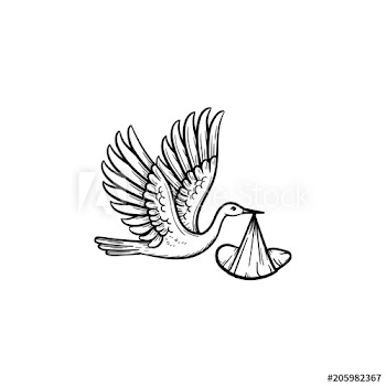 A stork carrying a warped baby hand drawn outline doodle icon