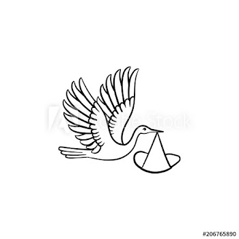 A stork carrying a warped baby hand drawn outline doodle icon