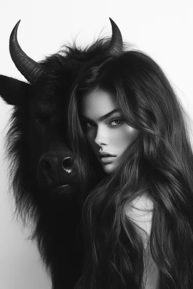 A Stunning Instagram Model with Long Hair Poses Beside a Bull