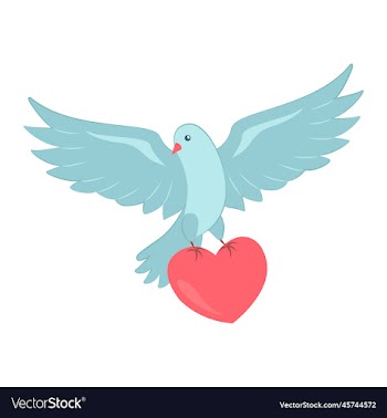 a stylized dove flies with a heart in its paws