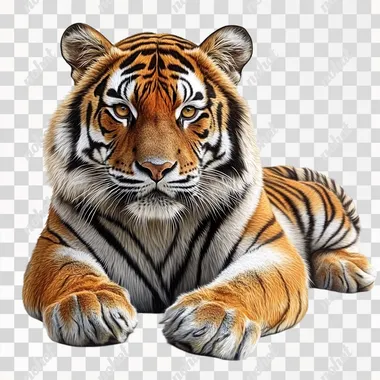 a tiger laying down on a PNG transparent background