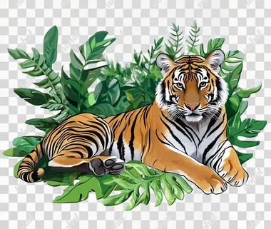 a tiger laying down on the ground surrounded by leaves