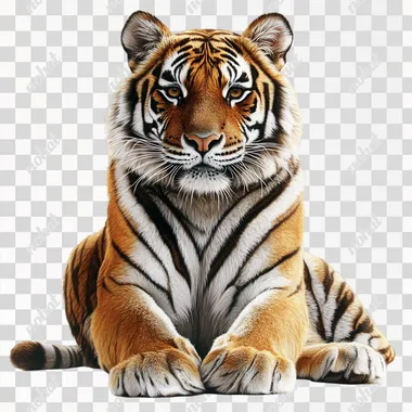 a tiger sitting down on a PNG transparent background