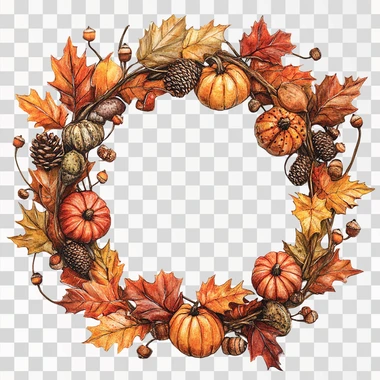 A whimsical illustrated fall wreath made of leaves, acorns, 