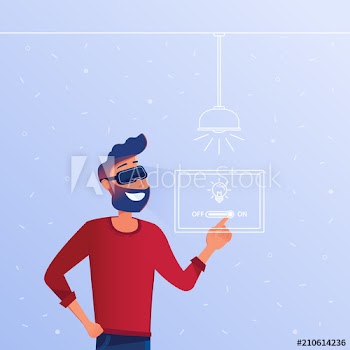 A white man in VR headset with virtual hud interface elements symbolizing virtual reality smart home control