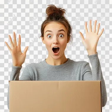 a woman holding a cardboard box with her hands in the air