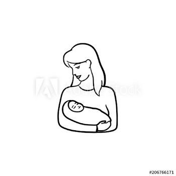 A woman holding baby warped in blanket hand drawn outline doodle icon