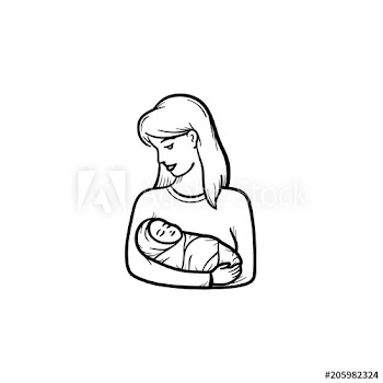 A woman holding warped baby hand drawn outline doodle icon