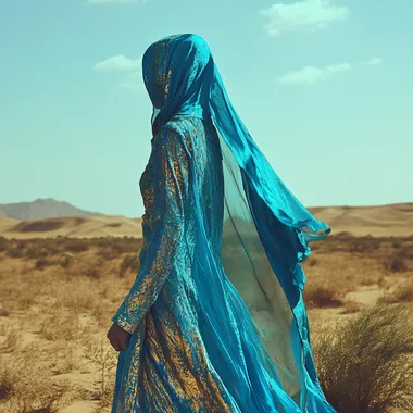 A woman in a blue dress walking through the desert dunes, wind-blown abaya