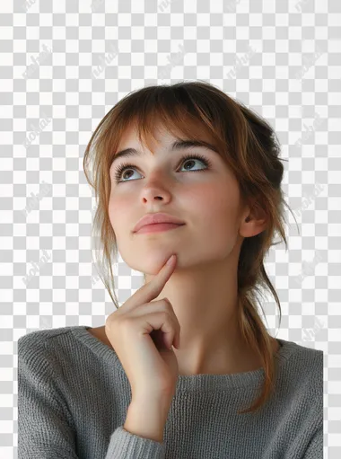 a woman is posing for a picture with her hand on her chin