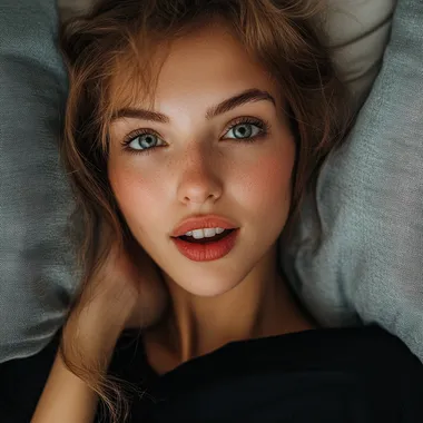 a woman laying in bed with her head on the pillow
