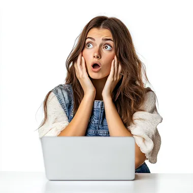 a woman with a surprised look on her face in front of a laptop