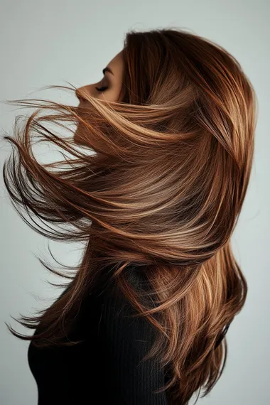 a woman with long hair blowing in the wind