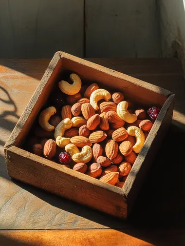 A wooden box of colorful nuts in a stylish living room setting A wooden box of colorful nuts in a stylish living room setting