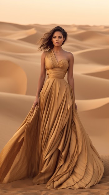 A young woman wearing a satin dress walking on the desert, A.I generated