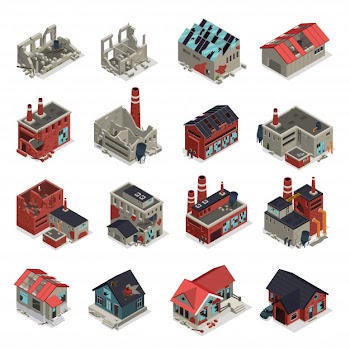 Abandoned buildings isometric set Free Vector