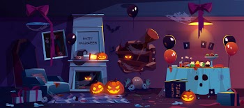 Abandoned room with halloween party decoration Free Vector