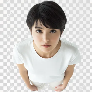 Above View: Short-Haired Asian Woman in Casual Attire