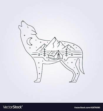 abstract adventure camp in nature with wolf