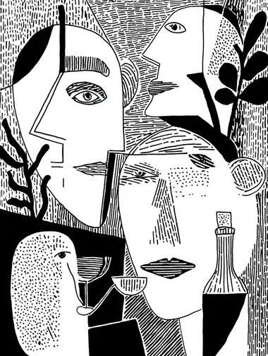 Abstract Black and White Faces with Wine Bottles Illustration Abstract Black and White Faces with Wine Bottles Illustration