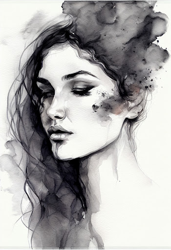 Abstract black and white watercolor portrait woman