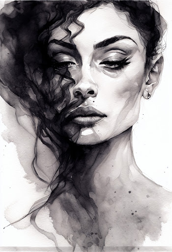 Abstract black and white watercolor portrait woman
