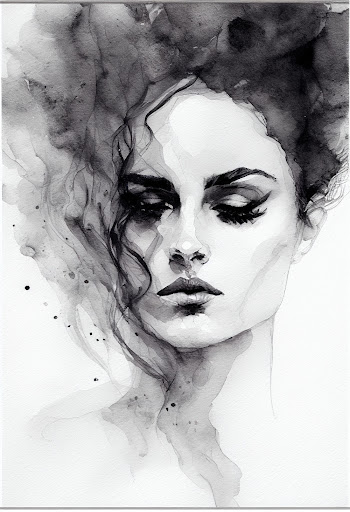 Abstract black and white watercolor portrait woman