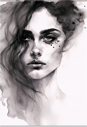 Abstract black and white watercolor portrait woman