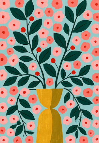 Abstract Botanical Illustration with Vase and Floral Background