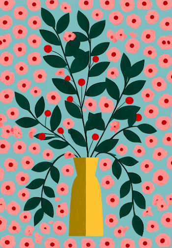 Abstract Botanical Illustration with Yellow Vase