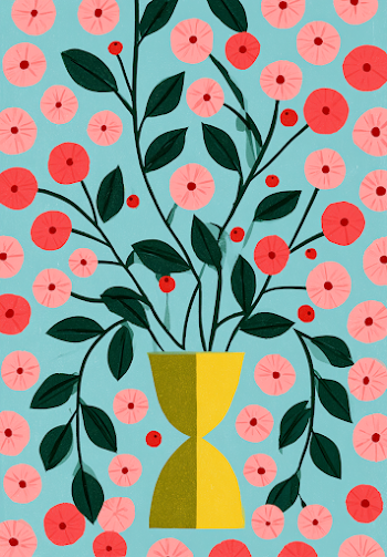Abstract Botanical Illustration with Yellow Vase and Floral Pattern