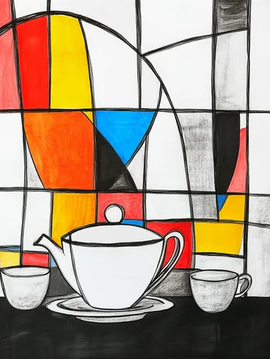 Abstract coffee cup and teapot drawing for kitchen decor in Mondrian style Abstract coffee cup and teapot drawing for kitchen decor in Mondrian style