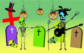 Abstract colored illustration with skeletons having a party in the graveyard, celebrating Halloween