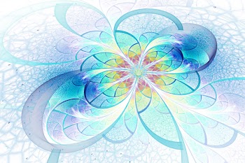 Abstract exotic flower with textured petals on white background. Fantastic fractal design in violet, yellow and blue colors. Psychedelic digital art. 3D rendering.