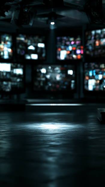 Abstract Newsroom Environment with Glowing Screens