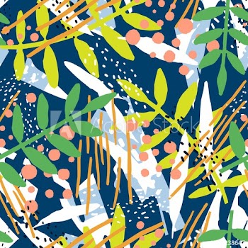 Abstract seamless pattern with branches of exotic plant and chaotic abstract stains