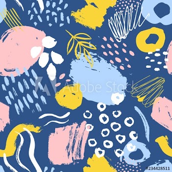 Abstract seamless pattern with colored paint smudges, traces, drops on blue background