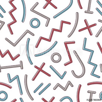 Abstract seamless pattern with colorful geometric shapes and lines on white background