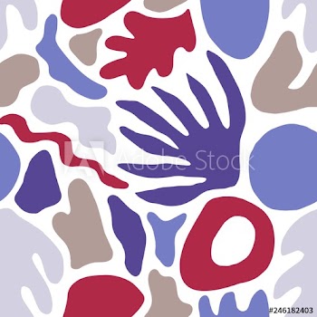 Abstract seamless pattern with colorful patches, shapes and tropical leaves on white background