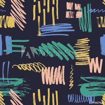 Abstract seamless pattern with colorful scribble, daub, paint traces and brush strokes on black background
