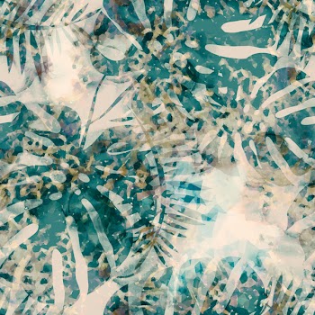 Abstract seamless pattern with exotic floral elements. Watercolor background.