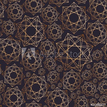 Abstract seamless pattern with geometric shapes drawn with golden contour lines on black background