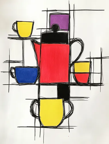 Abstract teapot and coffee cups drawing for modern living room decor Abstract teapot and coffee cups drawing for modern living room decor