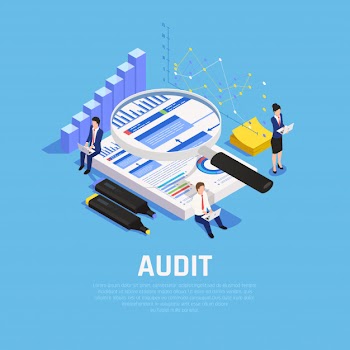 Accounting isometric composition with charts documentation and human characters during audit on blue Free Vector
